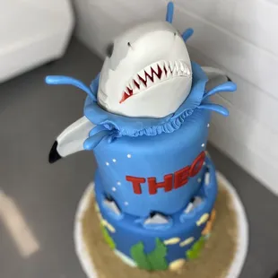 Shark themed 2 tier cake