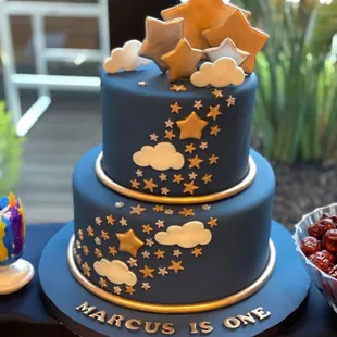 Birthday cake.  Lemon top tier and marble lower tier.