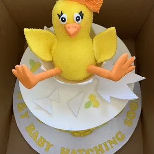 Top view of baby chick hatching baby shower cake.