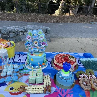 Baby Shark Cake, cake pops, rice crispies, and chocolate covered pretzels!