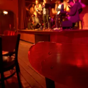 a red table and chairs