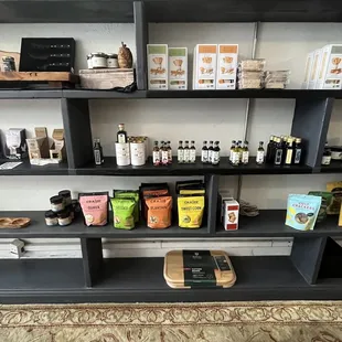 a shelf of products