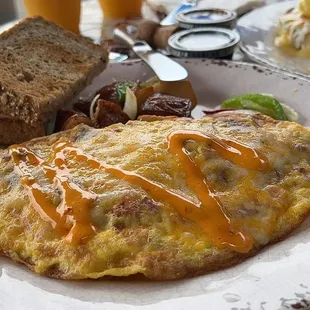 an omelet with cheese and bacon