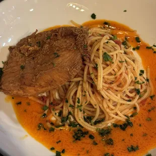 a plate of spaghetti and meat