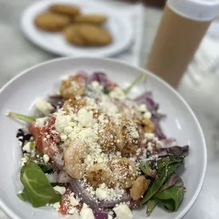 Shrimp Remoulade Salad!! Fried green tomatoes in the side. Full bottle of remoulade!! Merci Beaucoup!!!