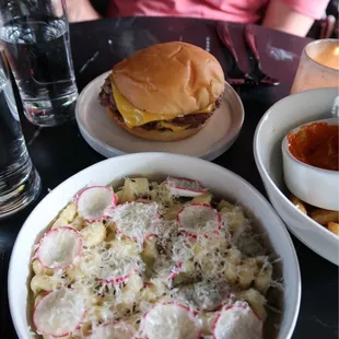 Burger and pasta