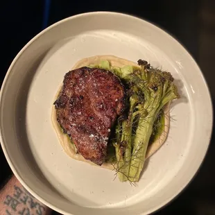Pork collar, hazelnut, apple and broccoli