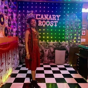 a woman in a red dress