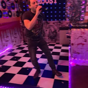 a man on a checkered floor