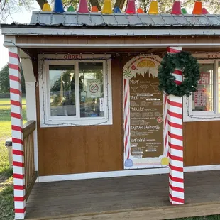 a candy shop with candy canes on the roof