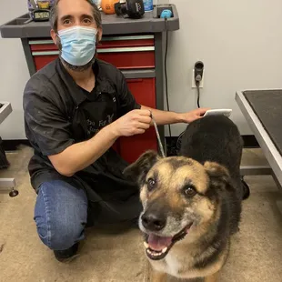 Here's Stacy, proprietor of Canine Clippery, with the happy satisfied customer!