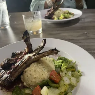 Wrack of lamb with mashed potatoes with Buerre rouge, &amp; mixed vegetables &amp; cocktail!
