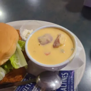 Cheesy ham and potato soup with chicken sandwich. Good soup, not the best of the week but still good