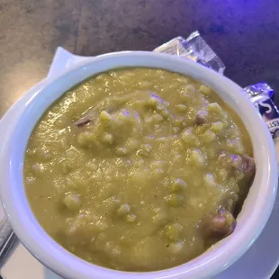 Split pea soup with ham. It was delicious. They make their soups daily from scratch. "We have a lady who comes in daily to make soup"