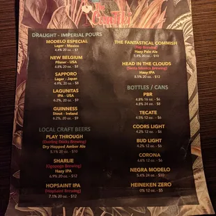Beer drink menu