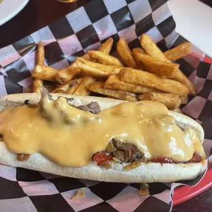 Fat tire Cheese bomb with the house Beer Cheese. The fries are also perfect