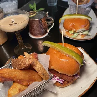 Fried mahi burger (front), smashed burger (back)