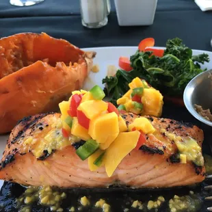 Cedar plank Salmon - perfect flavors with masterfully done wilted kale