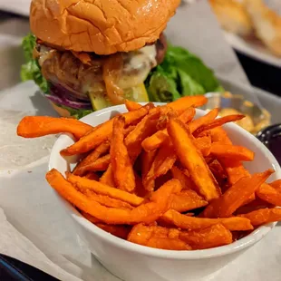 Crown burger with sweet potato fries.