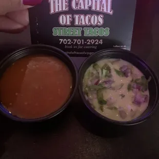 Red sauce &amp; avocado w/cilantro &amp; red onions. Both tasted fresh &amp; added flavor