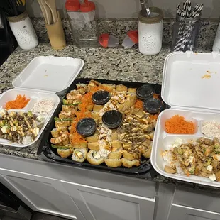 Sushi platter, chicken teriyaki, beef teriyaki