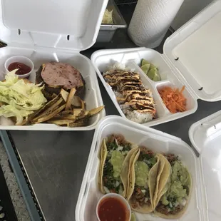 Tacos burger and salmon