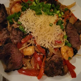 Pan seared tenderloin and shrimp pasta