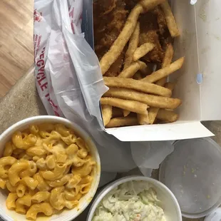 Cod, Coleslaw, Mac and Cheese, French Fries