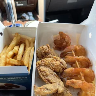 Eating in my truck whole wings shrimp &amp; fries