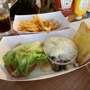 &apos;Bou burger with Swiss, fries, and a Jim Beam.