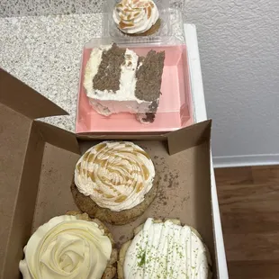 Vanilla caramel cupcake, carrot cake, cinnamon toast cookie, dole whip cookie, and key lime cheesecake cookie