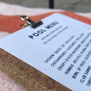 Pool menus for snacks and cocktails, poolside