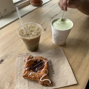 dirty chai latte 6.5/10 and matcha latte 7.5/10. pastry 8/10 good texture and not too sweet