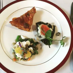 Trio of samples from the World of Gastronomy Class with Chef Janos- Chilaquiles, chile relleno, cholla bud and tepary bean salad