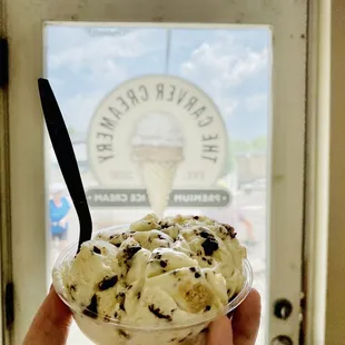 a hand holding a cup of ice cream