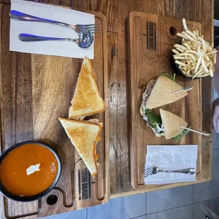 Buffalo Grilled Cheese with tomato soup and Bentley with fries