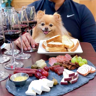 Cheese + meat plate (cabra al vino, mozzarella wrapped Prosciutto, brie + duck pate, salami, soppresseta)