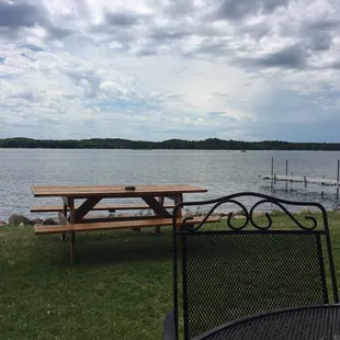 a picnic table and chairs
