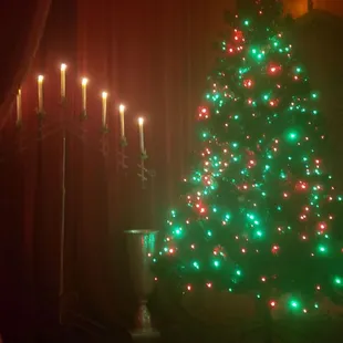 a lit christmas tree in a dark room