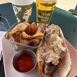 Ice cold beer, bratwurst, special fries.
