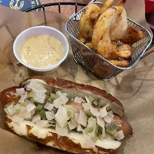 Drunken brat with beer cheese