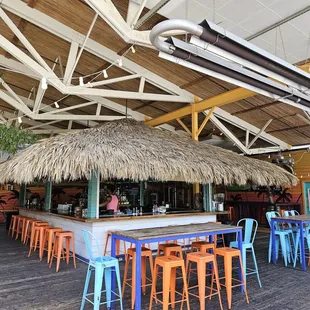 a tiki bar with a thatched roof