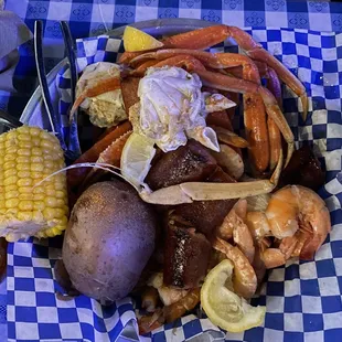 Crab, shrimp, sausage, corn and potatoes
