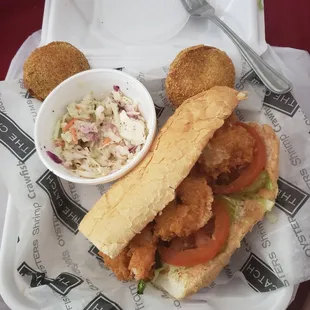 Shrimp Po boy, coleslaw, fried green tomatoes