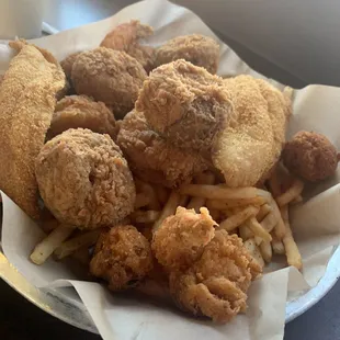 Boudin Balls, Catfish, and Shrimp on bed of fries! #ChefsKiss