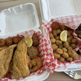 Fried catfish and shrimp platter, boudin balls, fried okra and blackened gator