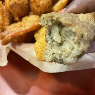 Jumbo Shrimp (4) &amp; Boudin Balls (4). I could eat a basket of these alone. Best BALLS I've ever had in my mouth!