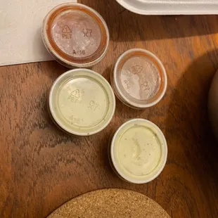 4 tiny condiments for oysters and an admiral platter. Plus attitude from staff.