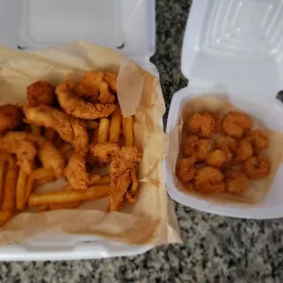 Chicken Tender Basket (skimpy on the fries and the Hush Puppies are tiny).