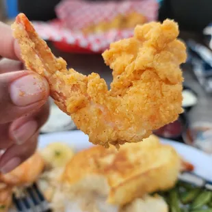 a person holding a piece of fried food